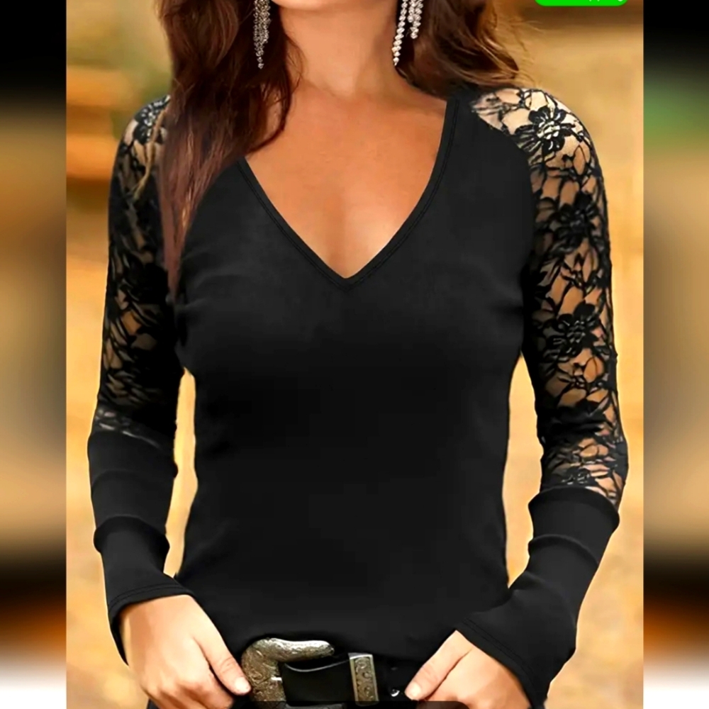 Black Lace Sleeved V Neck Fitted Top